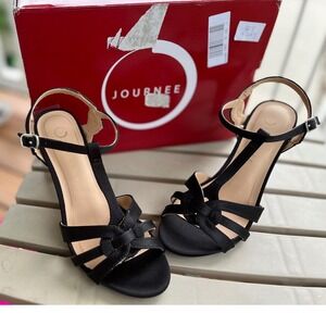 Journee Collection Valry Black Satin T-Strap Stiletto Heels Womens 7 Formal Shoe